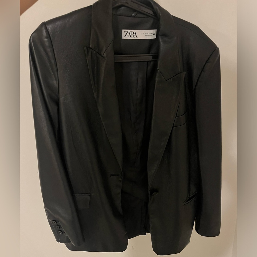 Zara Black Vegan Leather Oversize Jacket/ Blazer